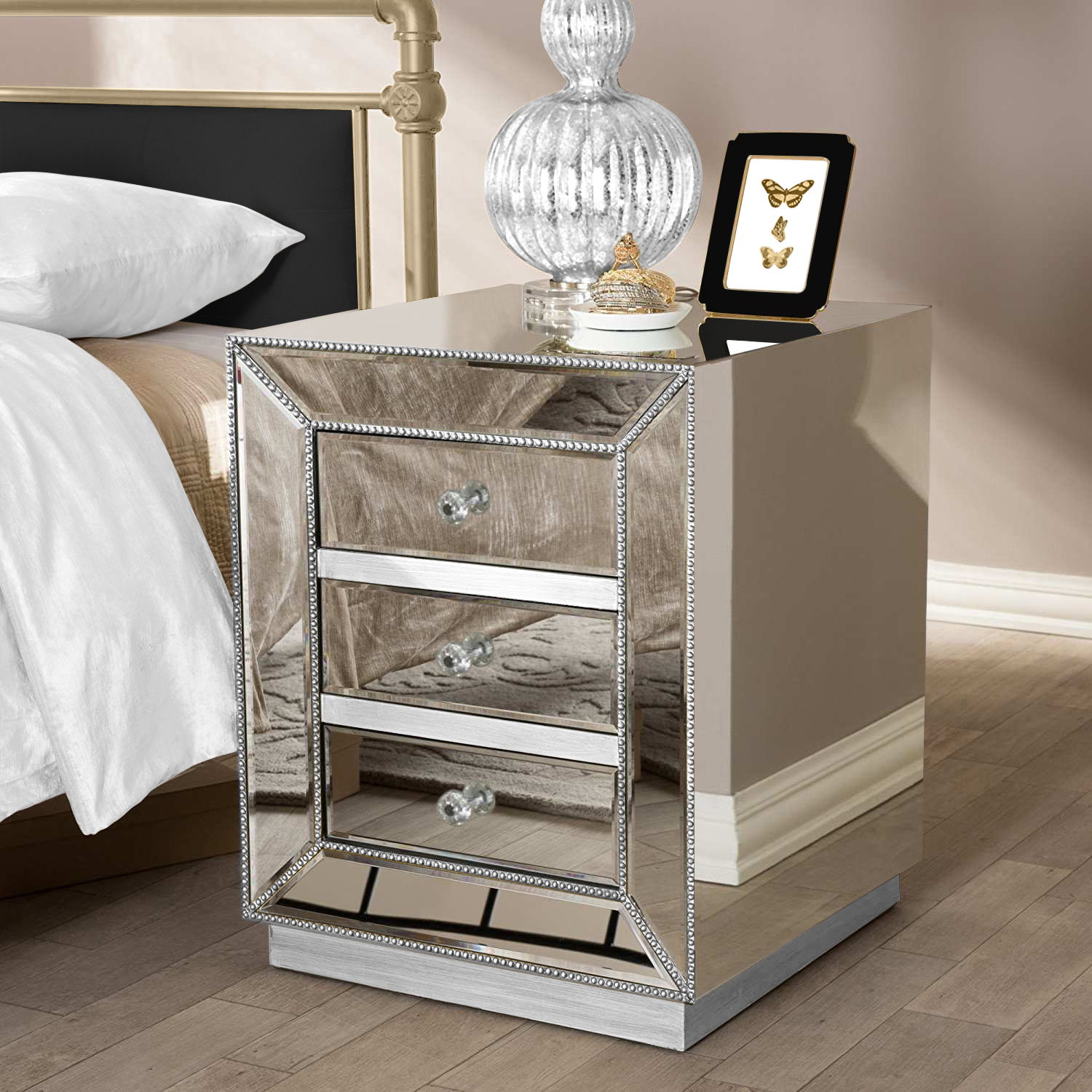 2 X Silver Beaded Mirrored Bedside Tables Nightstand 3 Drawer Mirror Furniture Ebay